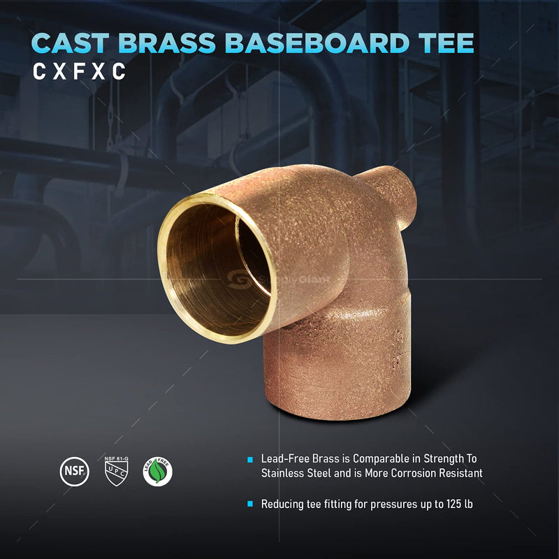 Supply Giant DGDU563I Cast Brass Baseboard Tee Fitting with Solder Cup to Female Thread Connection and Solder Cup Branch, 3/4" x 1/8" x 3/4", Copper 3/4" x 1/8" x 3/4" - NewNest Australia