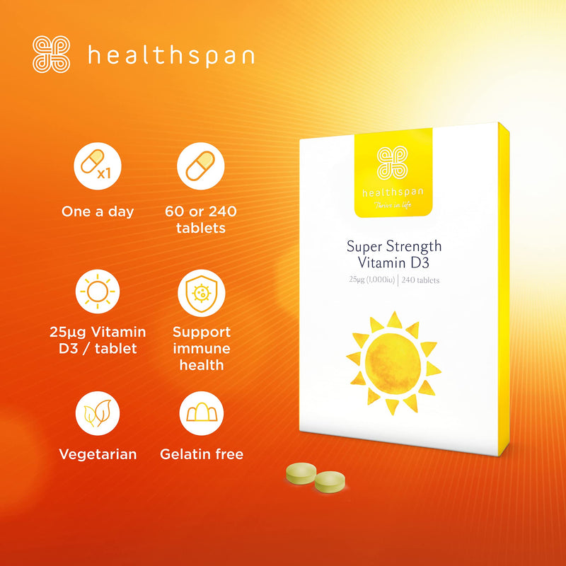 Healthspan Super Strength Vitamin D3 (60 Tablets) | Immune Health | Bone, Teeth & Muscle Health | Contains 1,000iu of Natural Source Vitamin D3 in Each Tablet | Vegetarian 60 Count (Pack of 1) - NewNest Australia