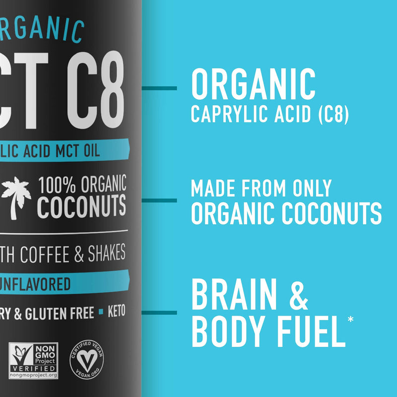 Organic C8 MCT Oil derived from Organic Coconuts | Great in Keto Coffee, Tea, Smoothies & Salad Dressings | Non-GMO Project Verified & Vegan Certified - Unflavored (16oz) 16 Fl Oz (Pack of 1) - NewNest Australia