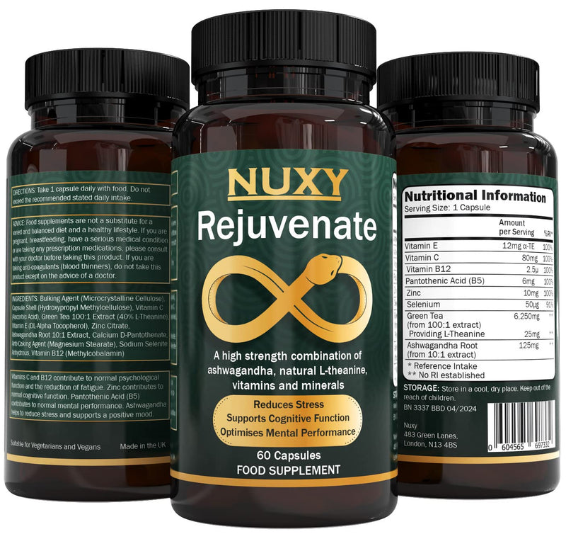 Nuxy Rejuvenate 60 Vegan high Strength Capsules , Ashwagandha , Vitamin E , C , B12 , B5 , Zinc , Selenium , L-Theanine Extract , Quality Ingredients to Assist Immunity Wellbeing , Made in The UK - NewNest Australia