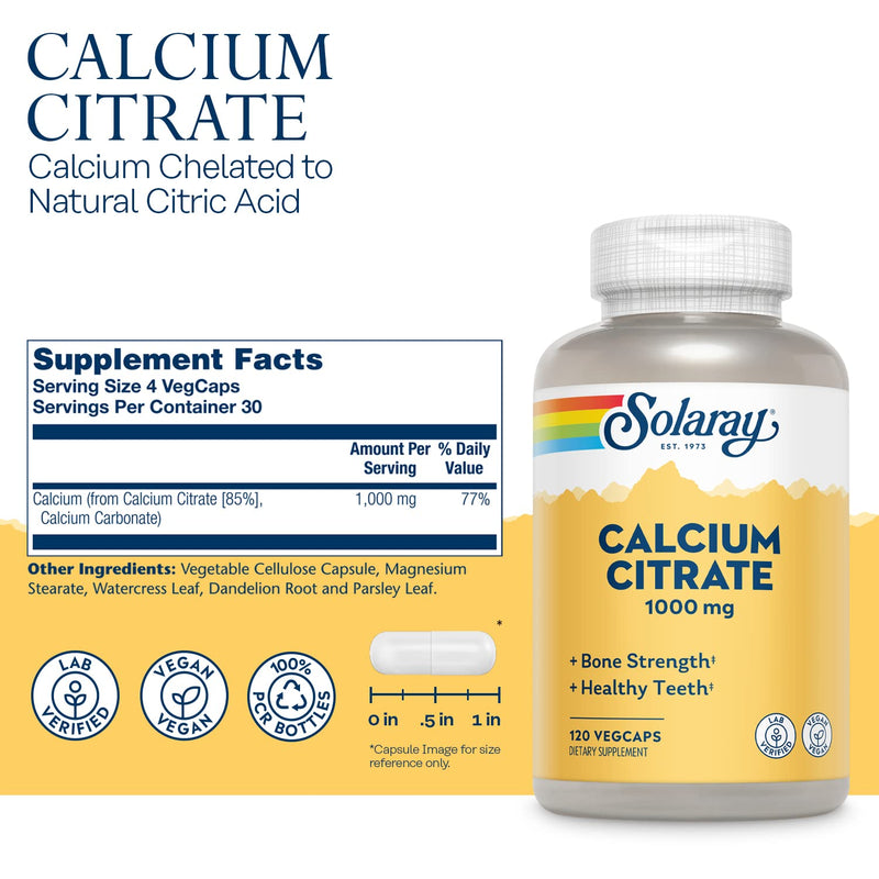Solaray Calcium Citrate 1000mg, Chelated Calcium Supplement for Bone Strength, Healthy Teeth & Nerve, Muscle & Heart Function Support, Easy to Digest, 60-Day Guarantee, Vegan, 30 Servings, 120 VegCaps 120 Count (Pack of 1) - NewNest Australia