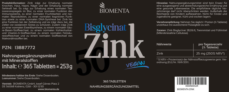 BIOMENTA Zinc 50 - 365 zinc tablets high dosage with 50 mg of pure active ingredient/tablet made from zinc bisglycinate - vegan & divisible - premium quality - NewNest Australia