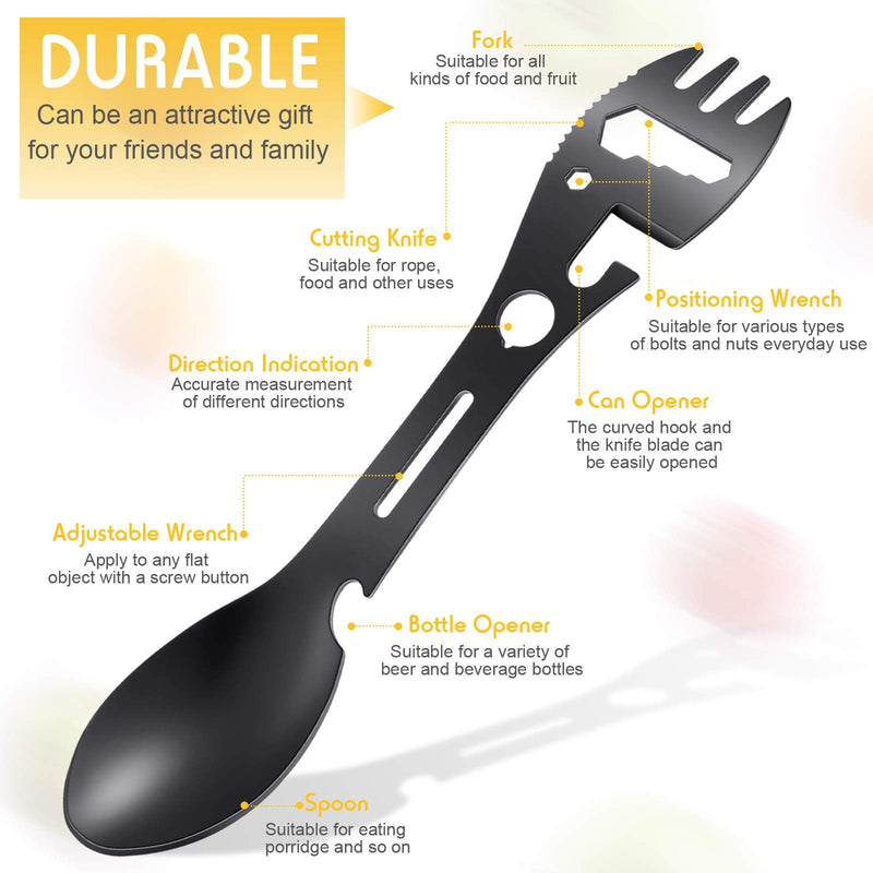 Utility Camping Spork Functional Spork Stainless Steel Spork Outdoor Spoon Fork Bottle Can Opener 10 Functions 1 Design for Travel Eating Tool Easy to Store Cloth Case (Black) Black - NewNest Australia