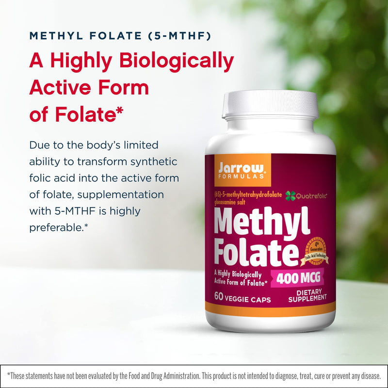 Jarrow Formulas Methyl Folate 400 mcg - 60 Veggie Caps - Highly Biologically Active Form of Folate - 4th Generation Folic Acid Technology - 60 Servings 60 Count (Pack of 1) - NewNest Australia