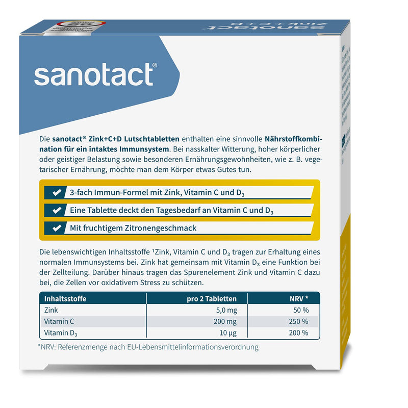 sanotact Zinc+C+D • 20 zinc lozenges high dose with vitamin C • With zinc vitamin C & D3 vitamins • Covers daily requirement of vitamin D3 20 pieces (pack of 1) - NewNest Australia