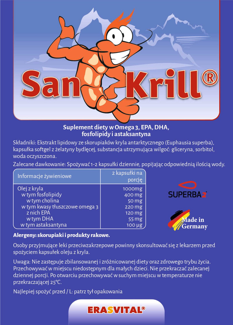 Krill oil SanKrill 180 capsules 500 mg each Superba Antarctic krill oil with high-dose omega 3 fatty acids (EPA, DHA) and astaxanthin - NewNest Australia