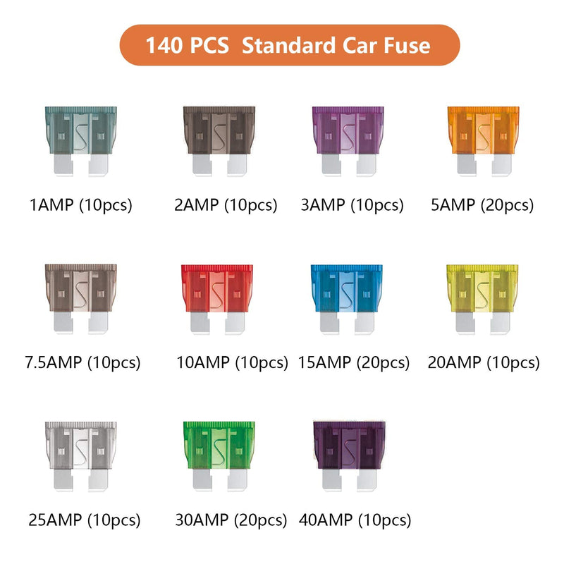 140 Pieces Fuses Automotive - Standard Blade Car Fuse Kit, Auto Fuse Assorted for Marine, RV, Camper, Boat, Truck (1A 2A 3A 5A 7.5A 10A 15A 20A 25A 30A 40AMP/ATC) - NewNest Australia