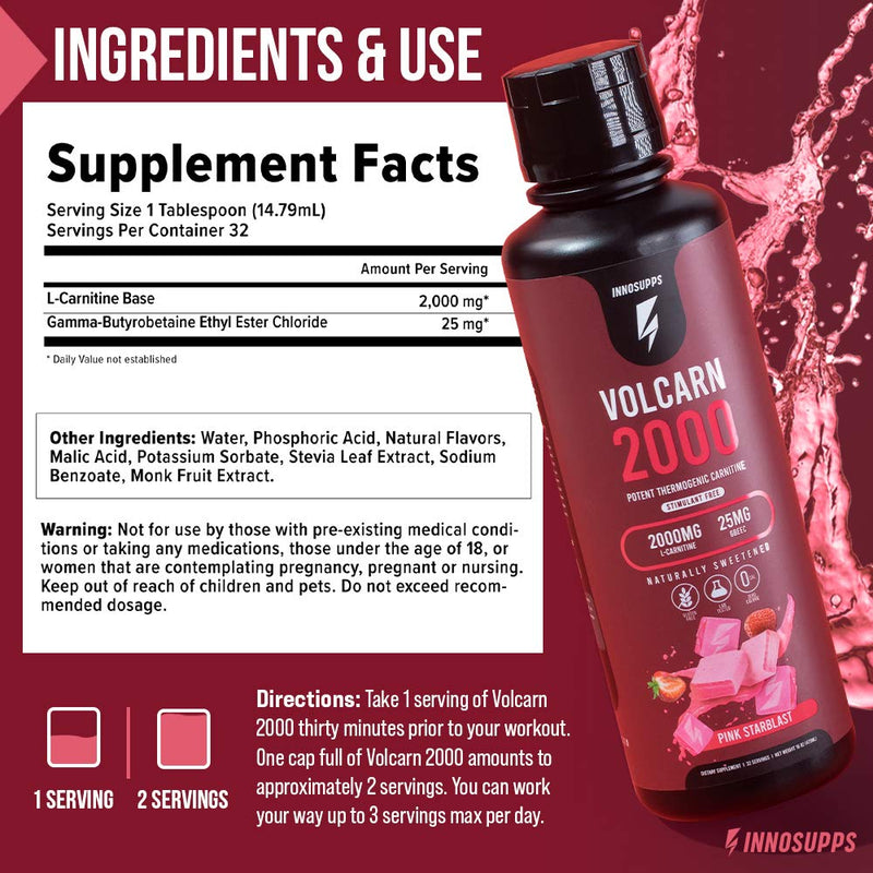 InnoSupps Volcarn 2000 - Liquid L-Carnitine, Boost Energy, Caffeine Free, No Artificial Sweeteners, 32 Servings (Candy Peach Rings) Candy Peach Rings - NewNest Australia