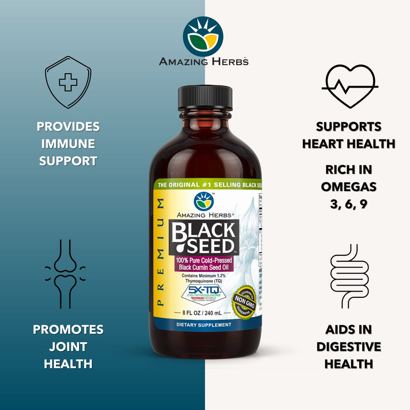 Amazing Herbs Premium Black Seed Oil - Cold Pressed Nigella Sativa Aids in Digestive Health, Immune Support, Brain Function, Joint Mobility, Gluten Free, Non GMO - 8 Fl Oz 8 Fl Oz (Pack of 1) - NewNest Australia