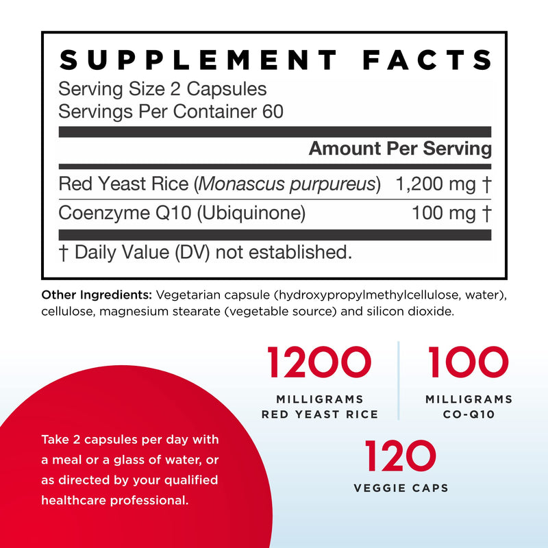 Jarrow Formulas Red Yeast Rice - 120 Veggie Caps - Includes 100 mg Co-Q10 Per Serving - Supports Heart & Cardiovascular Health - 60 Servings + COQ10 - NewNest Australia