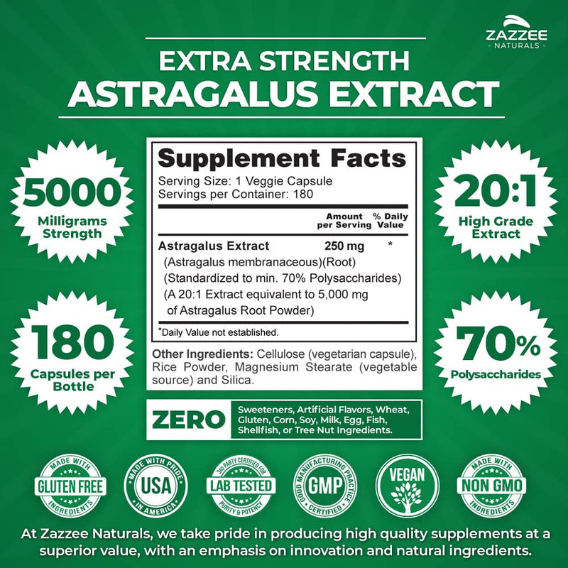 Zazzee Extra Strength Astragalus Root 20:1 Extract, 5000 mg Strength, 180 Vegan Capsules, 70% Polysaccharides, 6 Month Supply, Non-GMO and All-Natural - NewNest Australia