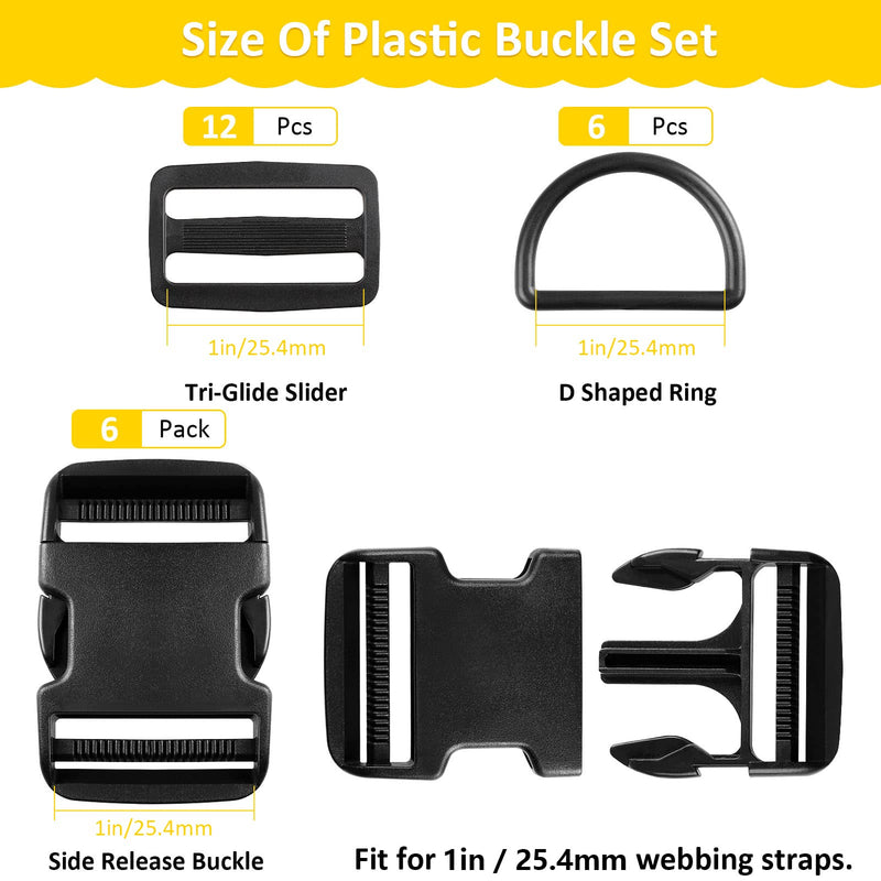 Adjustable Plastic Buckles 6 Set（24 Pack), 6 Pcs Quick Side Release Buckle Dual & 6 Pcs D ring & 12 Pcs Tri-glide Slide Clip 1 Inch Buckles 6 Set - NewNest Australia