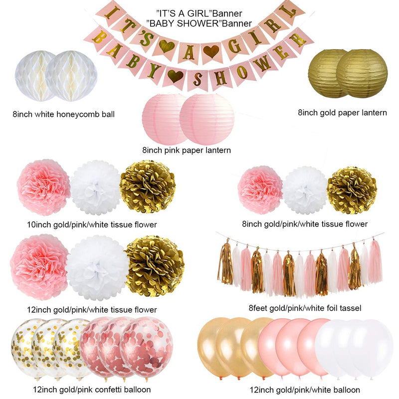 Baby Shower Decorations for Girl - Pink and Gold Baby Shower Decoration It’s A girl & Baby Shower Banner with Paper Lantern Pompoms Flowers Honeycomb Ball Balloons Foil Tassel - NewNest Australia