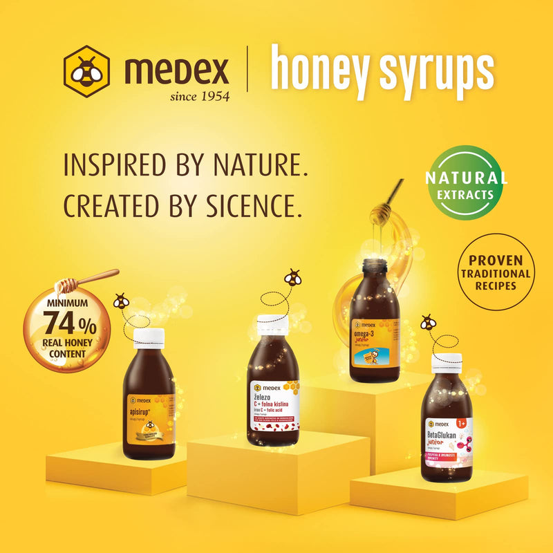 Medex Omega 3 Children'S Junior Syrup, 74% Honey Based - 143 G Honey, Excellent Taste, 250 Mg Dha, 50 Mg Epa; Added Vitamins A, B12, C, D, E, Folic Acid, From 3 Years, 140 Ml - NewNest Australia