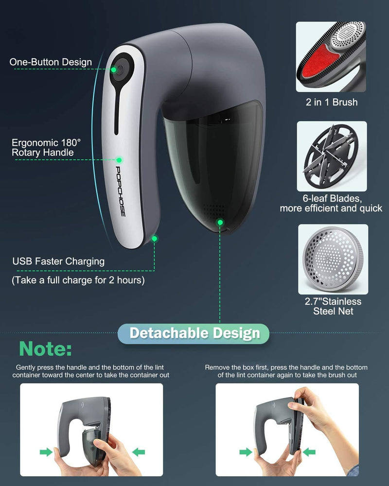 POPCHOSE Fabric Shaver, Rechargeable Lint Remover with 6-Blades and Electrostatic Brush, Effectively and Quickly Remove Fuzz for Clothes, Sweater, Couch, Blanket, Curtain, Wool, Cashmere - NewNest Australia