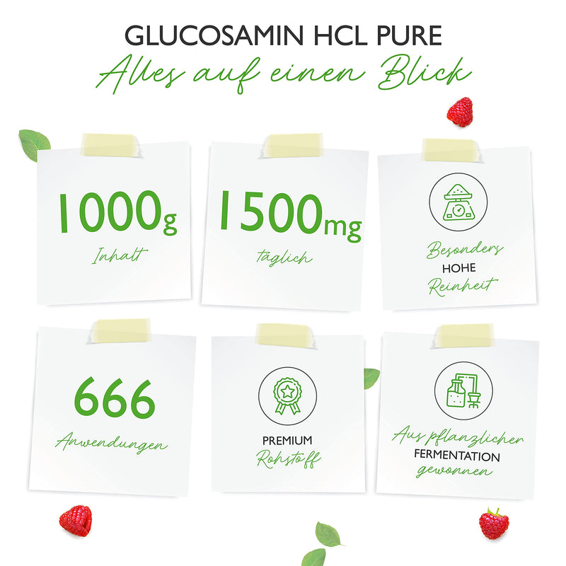 Glucosamine Hcl Pure - 1000 G (1 Kg) Pure Powder Without Additives - Made From Vegetable Fermentation - Laboratory Tested - Vegan - High Dose - Premium Quality - NewNest Australia