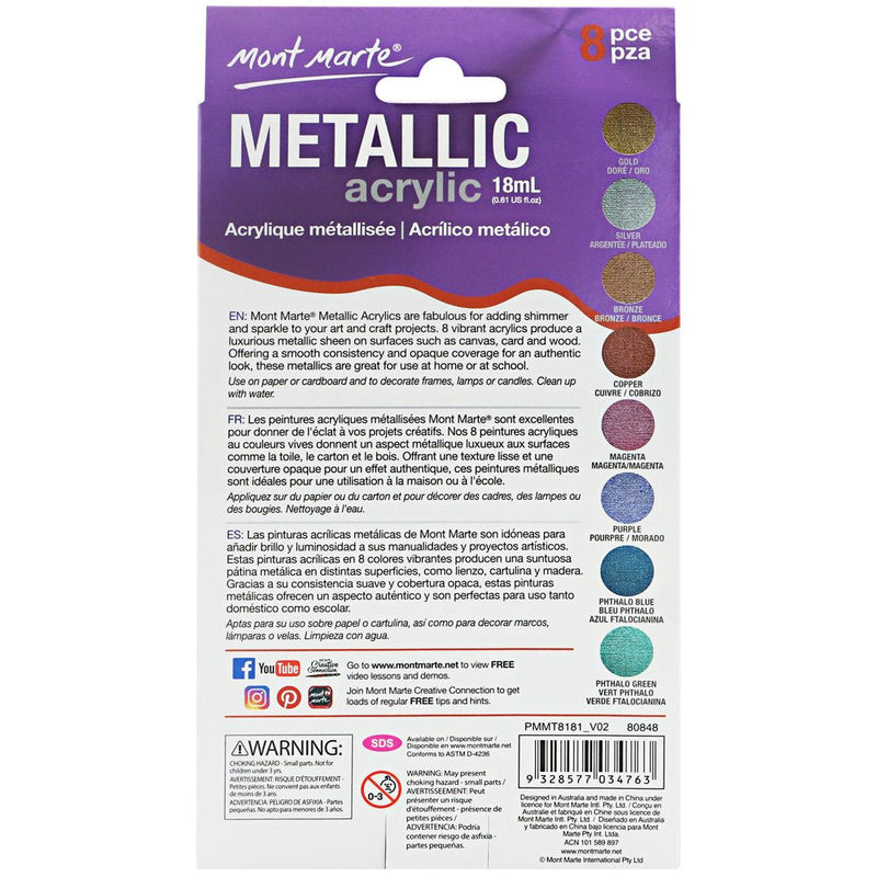 Mont Marte Metallic Acrylic Paint Set 8 Piece x 18 ml Tubes, Lightfast Colors with Smooth Consistency and Opaque Metallic Finish. 8 mixed colors 0.6 Fl Oz (Pack of 8) - NewNest Australia