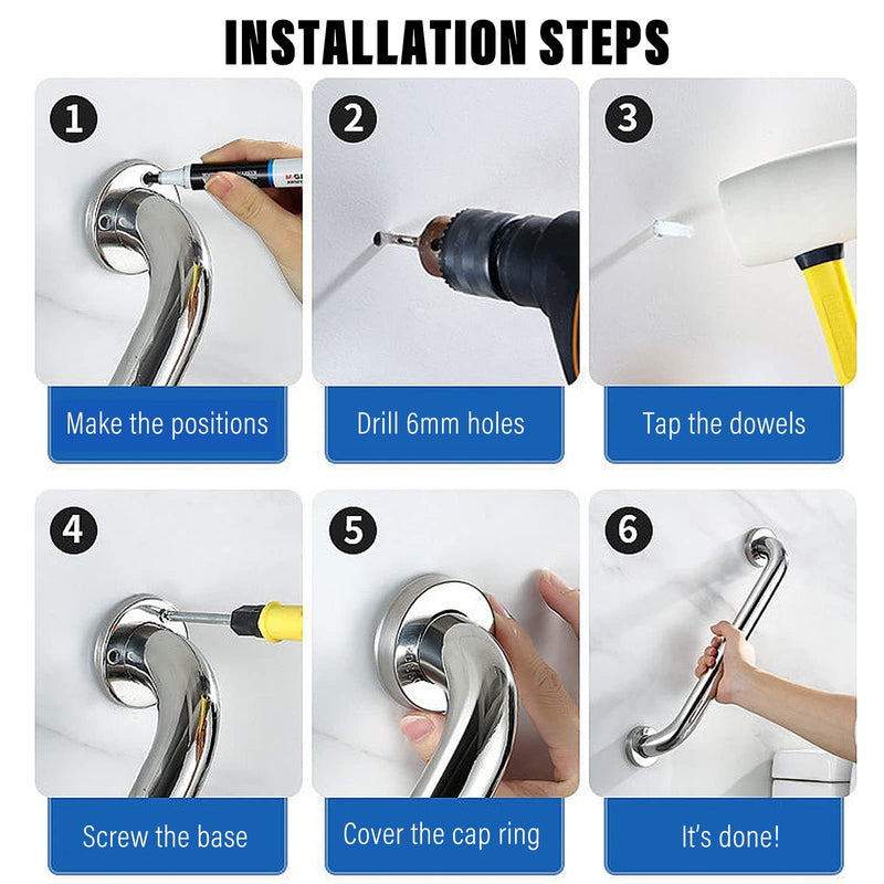 2 Pack Anti-Slip Shower Grab Rails for Bathroom, Chrome Stainless Steel Hand Rail - Safety Disability Aid & Equipment Bath Handles, Bathroom Grab Rail for Toilet, Stairs (16 Inch, Silver) 16 Inch - NewNest Australia