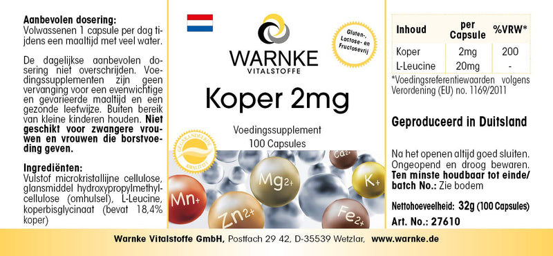 Copper capsules - 2mg - vegan - 100 capsules - made from copper bisglycinate | Warnke vital substances - NewNest Australia