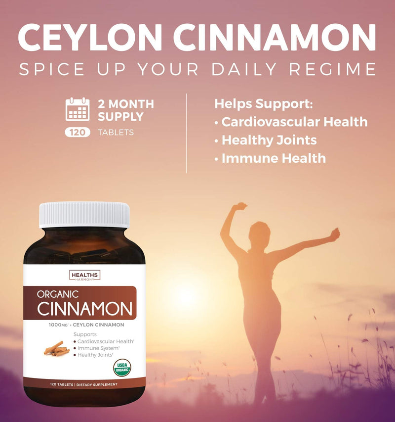 USDA Organic Ceylon Cinnamon (120 Tablets) 1000mg per Serving - Cinnamon Bark Supplement for Natural Support - No Powder, Capsules or Pills - NewNest Australia