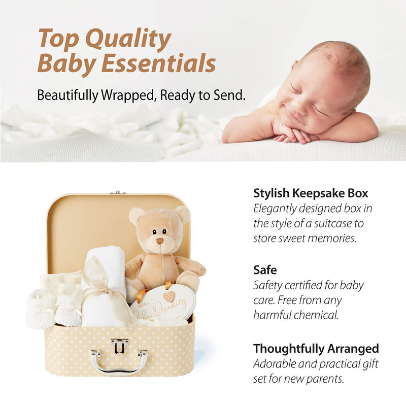 Baby Gift Set For Newborns - Hand Wrapped Unisex Baby Gift - Baby Gift Set With Suitcase, Teddy Bear, Knitted Baby Shoes, Bib, Hat, Muslin Diaper And Hanging Tag Cream - NewNest Australia