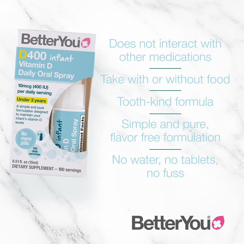 BetterYou Infant Vitamin D Daily Oral Spray | 400 IU (10UG) of Vitamin D3 | Oral Vitamin D Supplement to Support Infant Development | Birth to 3 years | 15ml (100 Sprays) - NewNest Australia