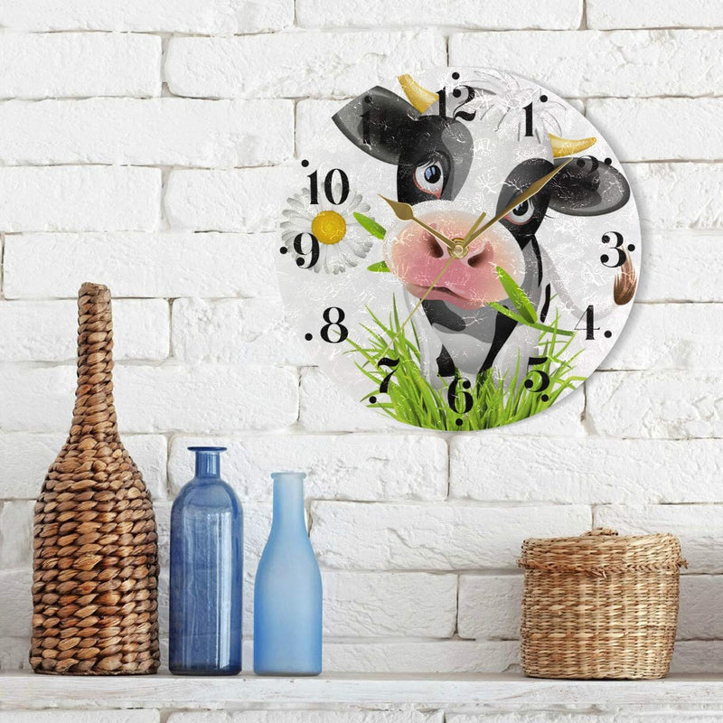 NewNest Australia - Hupery Cute Holstein Cow Wall Clock Silent Non Ticking Round Wall Hanging Clock Battery Operated Black Hands Decorative Wall Clocks for Bedroom Living Room Kitchen Office School Black25x25cm 