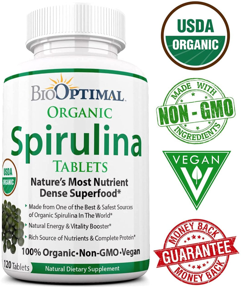 BioOptimal Organic Spirulina Tablets, 100% USDA Organic, Premium Quality 4 Organic Certifications, Non-GMO, No Additives Capsules or Fillers, 120 Count 1 Month Supply 120 Count (Pack of 1) - NewNest Australia