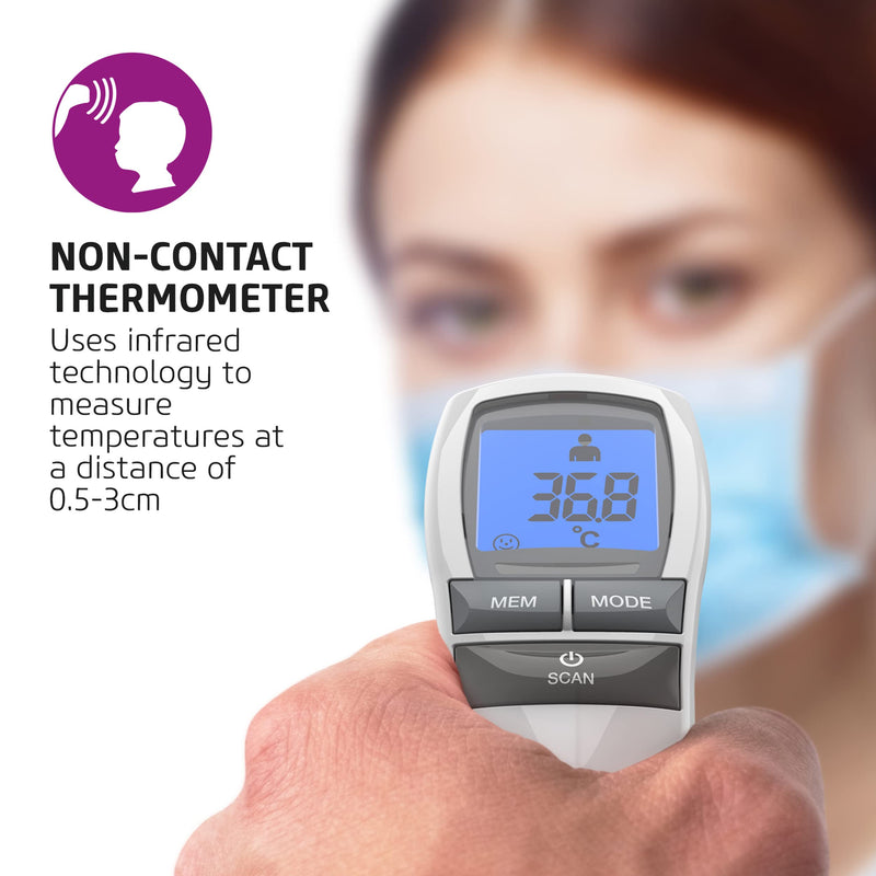 Salter TE-250-EU No Touch Infrared Thermometer, Forehead Mode, Objects and Liquids, Night Mode, Fever Alarm, 30 Memory Recall, One Second Reading, Backlit Display, No Touch Thermometer - NewNest Australia