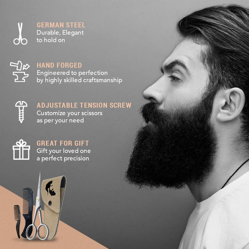 ONTAKI Professional German Beard & Mustache Scissors 5" Inches Comb & Carrying Pouch Hand Forged with Bevel Edge for Precision Perfect Men’s Facial Hair Grooming Kit All Body Facial Hair (Silver) Silver - NewNest Australia