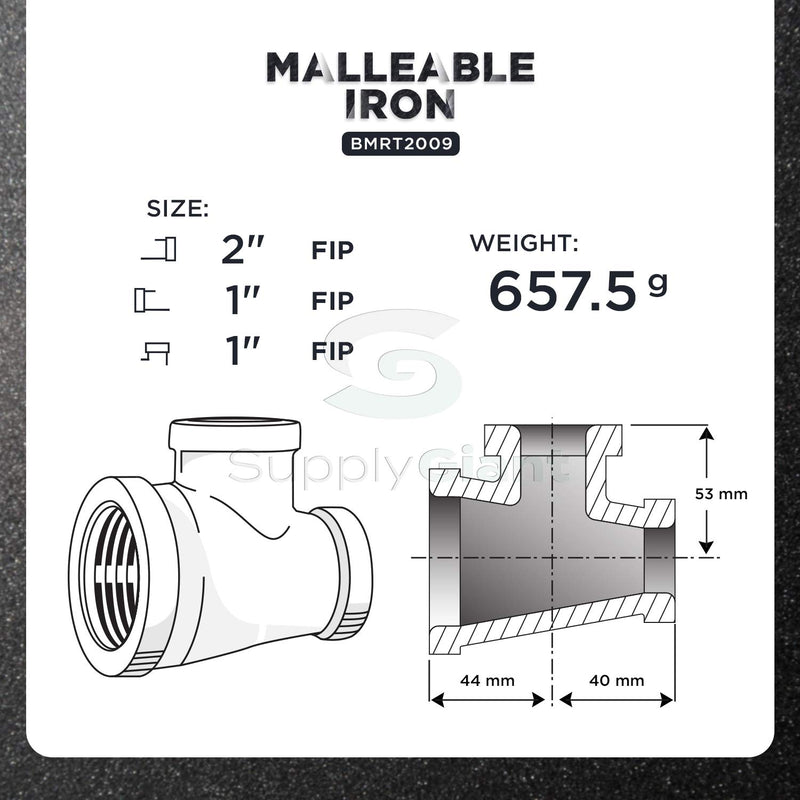 Supply Giant CNSU400J Black Malleable Three Size Reducing Tee with Female Threaded Fitting 2 in. x 1 in. x 1 in. - NewNest Australia