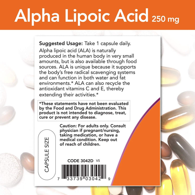 NOW Supplements, Alpha Lipoic Acid 250 mg, Supports Glutathione Production*, Free Radical Scavenger*, 60 Veg Capsules - NewNest Australia