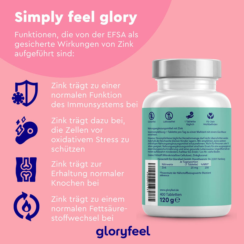 Zinc 25mg - 400 vegan tablets (13 months) - Premium zinc gluconate highly bioavailable - High dose of elemental zinc - Laboratory tested and made in Germany without additives - NewNest Australia