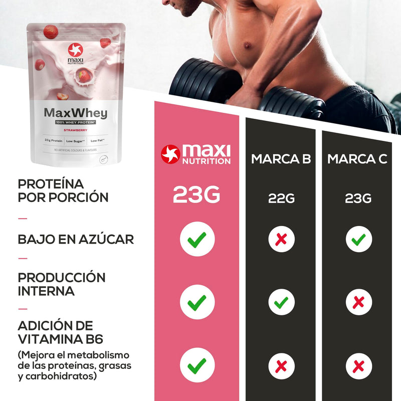 MaxiNutrition 100% Whey Premium Protein Powder Strawberry 420g, without artificial flavors, protein powder made from 100% whey, makes 14 protein shakes with 23g protein each, low carb, including vitamin B6, Made in Germany - NewNest Australia