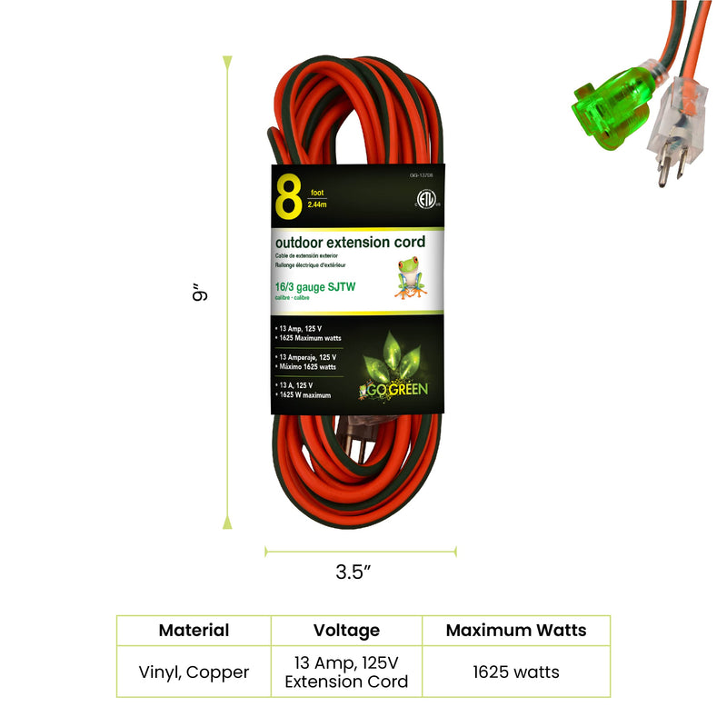 Go Green Power Inc. GG-13708 16/3 8' Heavy Duty Extension Cord-Orange, 8 Ft Orange - NewNest Australia