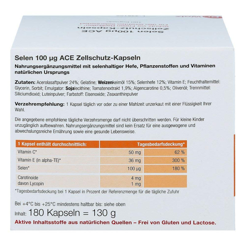 Selenium ACE 100 µg from Dr. Wolz, selenium capsules with vitamin C and E, for cell protection, contains vitamins, minerals and trace elements, 180 capsules 180 pieces (pack of 1) - NewNest Australia