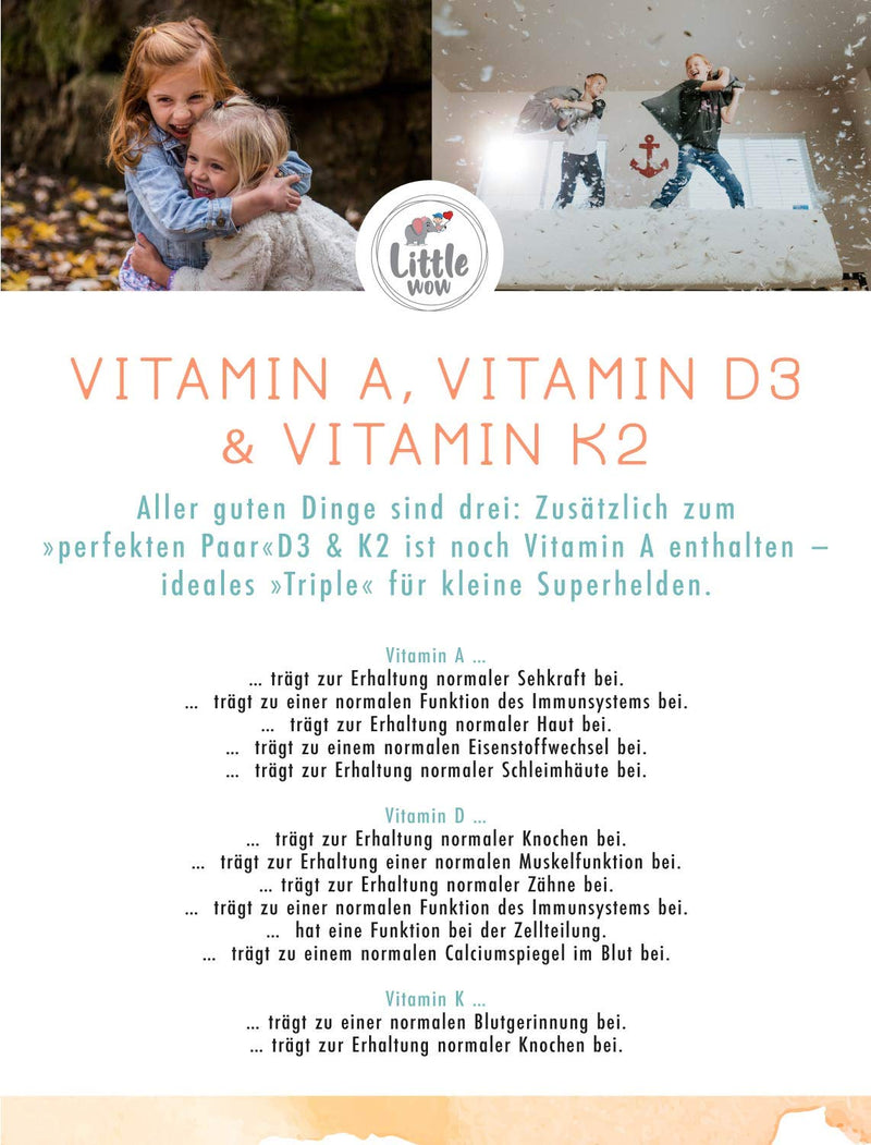 Little Wow Vitamin D3 K2 Spray + Vitamin A for Children Vegan I Immune System Vitamins for Children 180 sprays for up to 6 months I 500 IU vitamin D3 & 11.25 µg vitamin K2 per spray - NewNest Australia