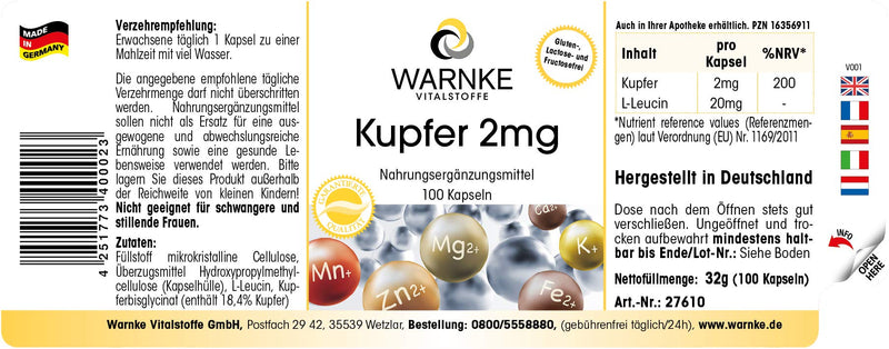 Copper capsules - 2mg - vegan - 100 capsules - made from copper bisglycinate | Warnke vital substances - NewNest Australia