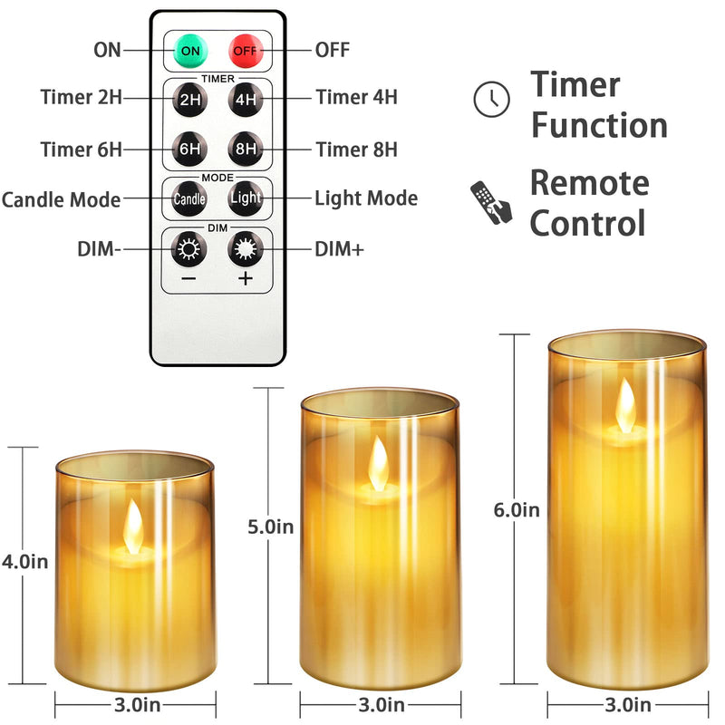 NURADA Flickering Flameless Candles: LED Pillar Candles with Imitation Glass - Acrylic Battery Candles with Remote and Timer, Pack of 3 (D:3"x H:4"5"6") & Gold… 3"x4''5''6" - NewNest Australia