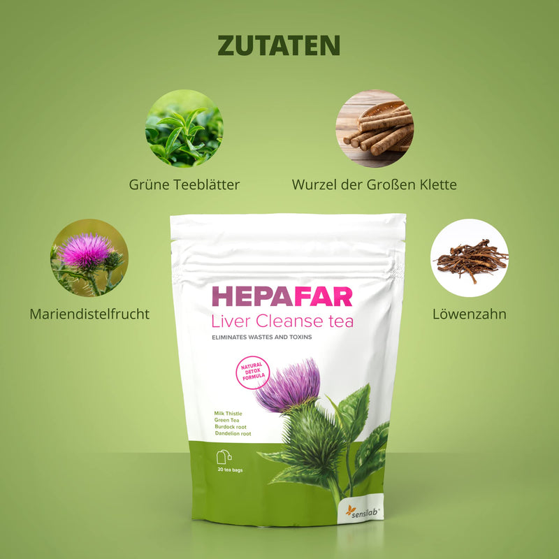 Hepafar liver detox package - milk thistle, artichokes, green tea, dandelion complex - vitamin E, phospholipids - 60 capsules, 40 tea bags for 30 days - Innovative patented detoxification - Sensilab Hepafar liver detox package - NewNest Australia