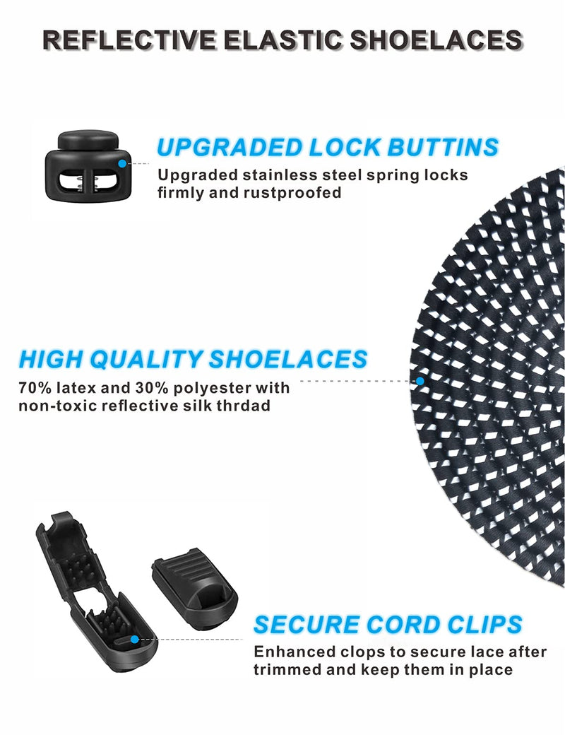 YIKEDA Elastic Laces 2 Pairs of Reflective Elastic Shoelaces for Adults / Kids No Tie Elastic Lock Shoe laces Suitable for Sneakers Hiking Shoes Board Shoes Casual Shoes Boots Black - NewNest Australia