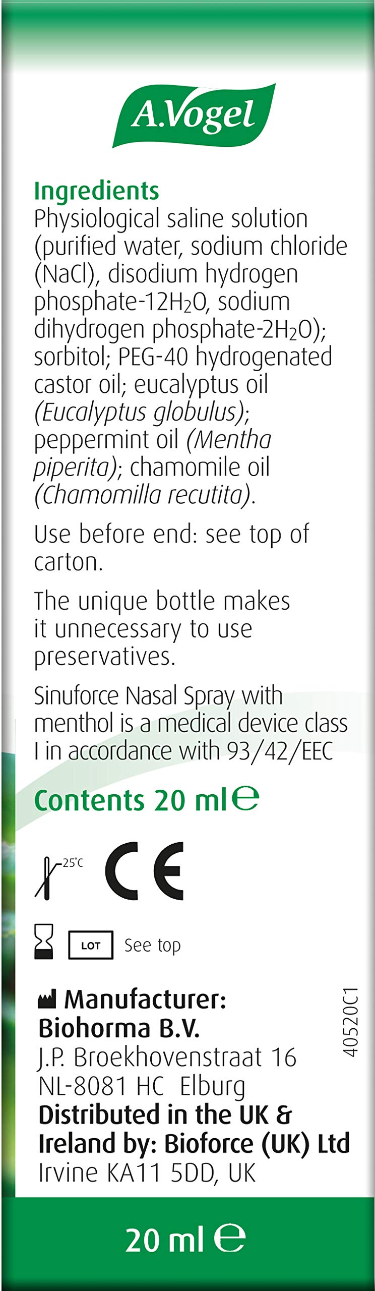 A.Vogel Sinuforce Nasal Spray + Menthol | Provides Fast Relief for Blocked Nose, Congestion & Nasal Catarrh | with Eucalyptus, Peppermint & Chamomile Oil | Suitable for Longer Term use | 20ml - NewNest Australia
