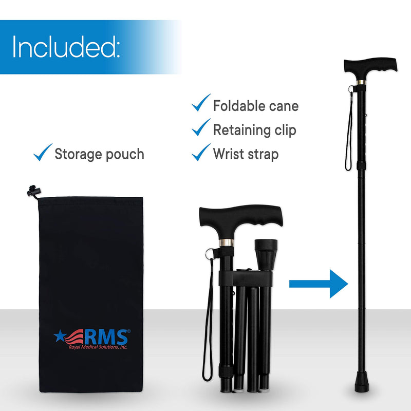 RMS Folding Cane - Foldable, Adjustable, Lightweight Aluminum Offset Walking Cane - Collapsible Walking Stick with Ergonomic Derby Handle - Ideal Daily Living Aid for Limited Mobility (Black) Black - NewNest Australia
