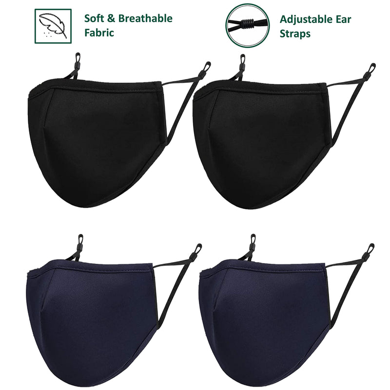 ecotru UK 4 Pack Reusable Cotton Face Masks, 2 Navy Blue, 2 Black Mask with Nose Wire for Glass Wearers, 3-Ply Washable & Breathable Fabric with Filter Pocket & Adjustable Loops - NewNest Australia