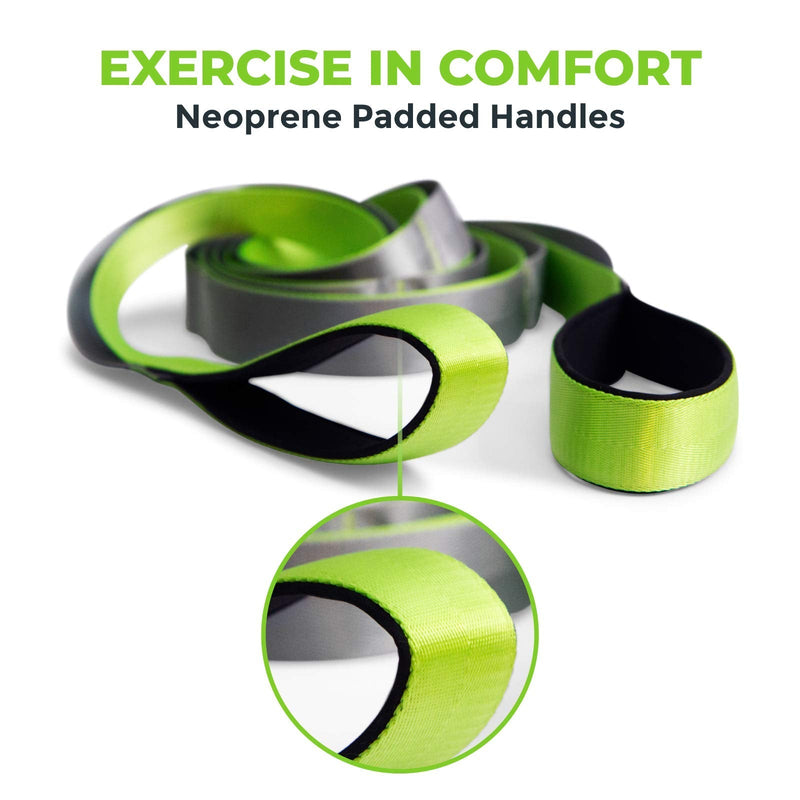 Gradient Fitness Stretching Strap, Premium Quality Multi-Loop Strap, Neoprene Padded Handles, 12 Loops, 1.5" W x 8' L Green/Grey - NewNest Australia