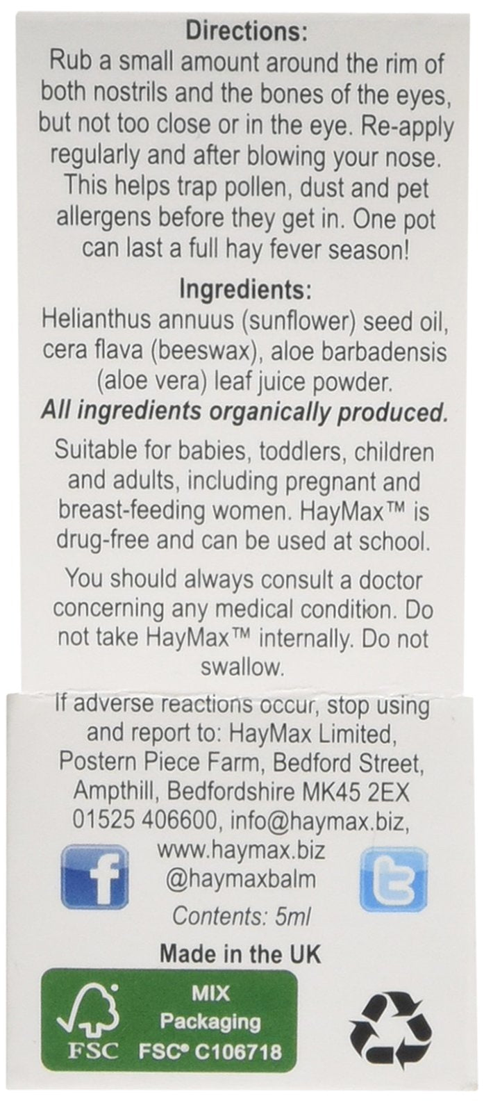 Haymax Aloe Vera Organic Pollen Balm For Hayfever 5 ml - NewNest Australia