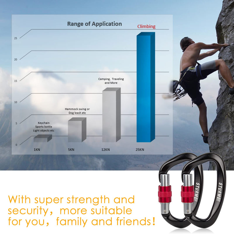 STURME UIAA Certified Climbing Carabiner Clips, 2 Pack 25KN(5623lbs) Screwgate Locking Carabiner Heavy Duty Caribeener Clips, Large Carabiner D Ring for Rock Climbing & Mountaineering Black - NewNest Australia