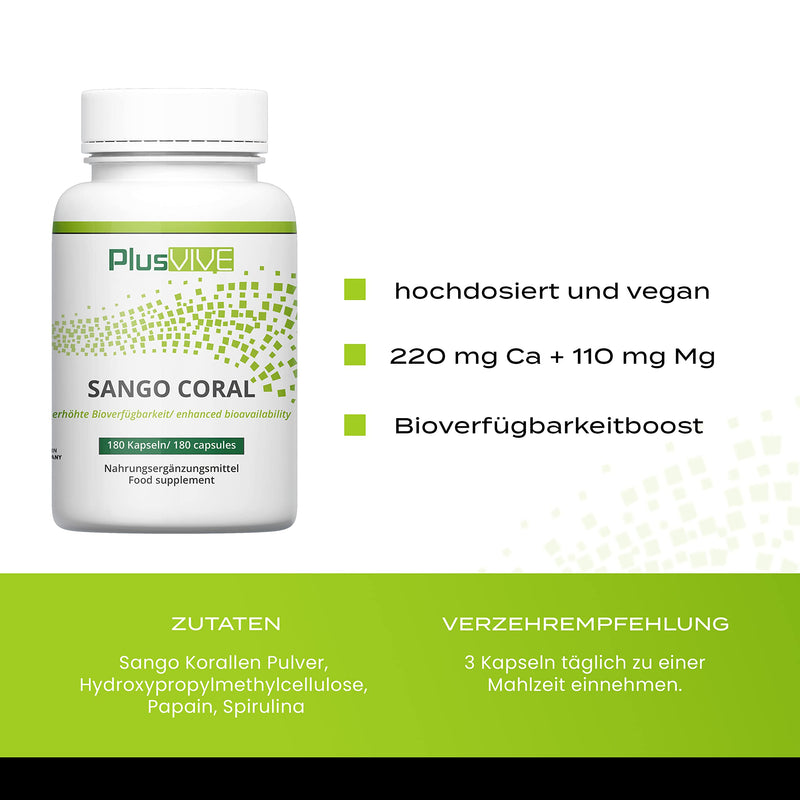 Plusvive Sango Coral 180 capsules - high dose with 1100 mg Sango Coral per capsule - natural calcium and magnesium in a ratio of 2:1 - laboratory tested and vegan single - NewNest Australia