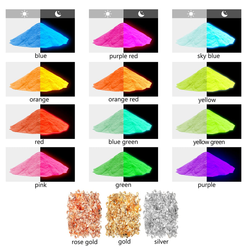 Glow in The Dark Pigment Mica Powder - 12 Colors Luminous Powder 20g/0.7oz and 3 Colors Gold Foil Flakes 2g, Epoxy Resin Color Dyes for Resin Art, Slime, Nail Art, Acrylic Paint and DIY Crafts - NewNest Australia