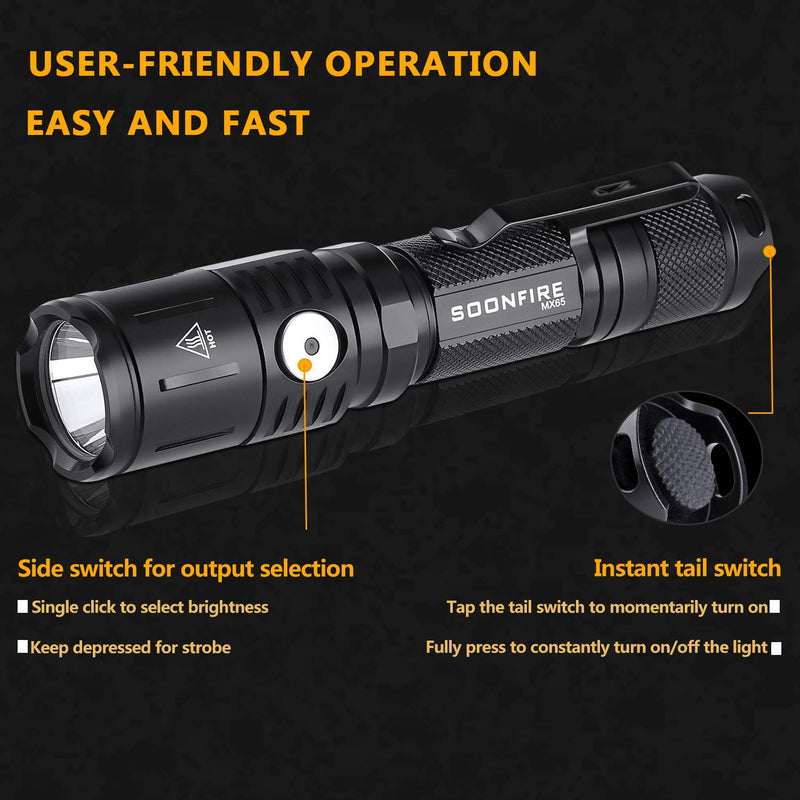 soonfire MX Series Tactical Flashlight 1060 Lumens Built-in a fast charging Micro-USB port 5 brightness Cree LED Waterproof Flashlight,18650 Battery and Holster Included(Black) Black - NewNest Australia